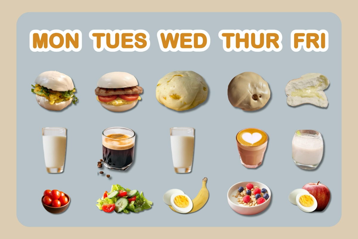 上班族一週早餐輪替菜單，從週一到週五的多元老麵饅頭搭配組合