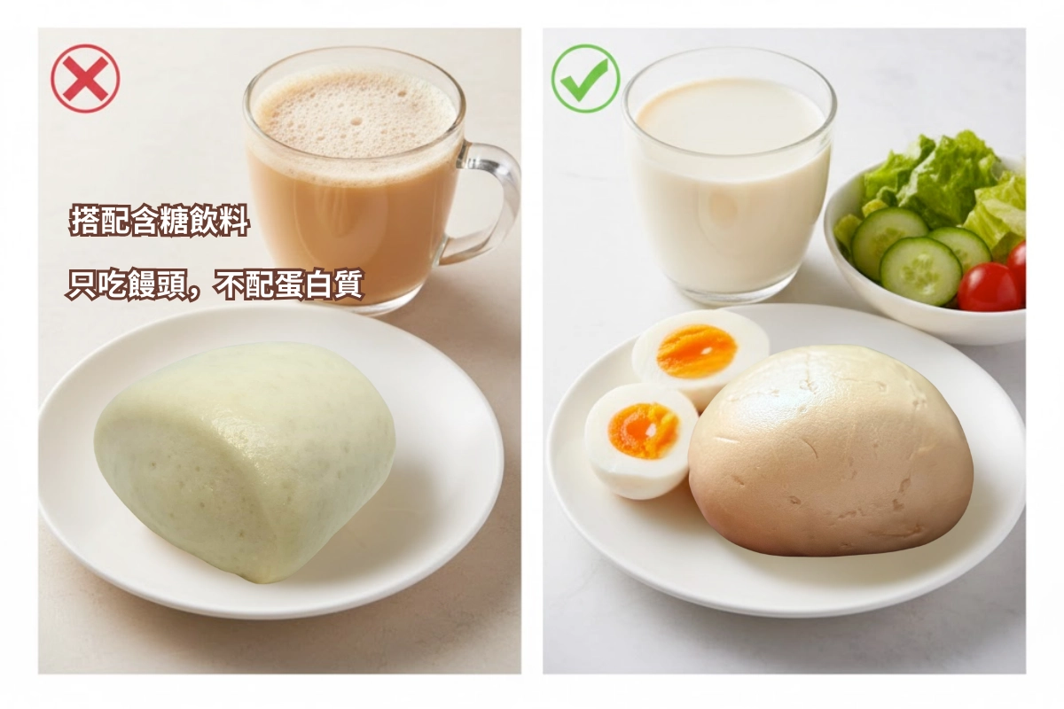 早餐地雷與正確吃法對比，展示饅頭搭配蛋白質與蔬菜的營養均衡組合